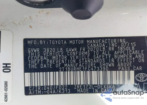 2015 Toyota Corolla S Plus from USA, damaged, VIN 2T1BURHE1FC473390